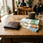 Bundles of 100, 50, and 20 euro banknotes with a brown leather wallet on wooden table