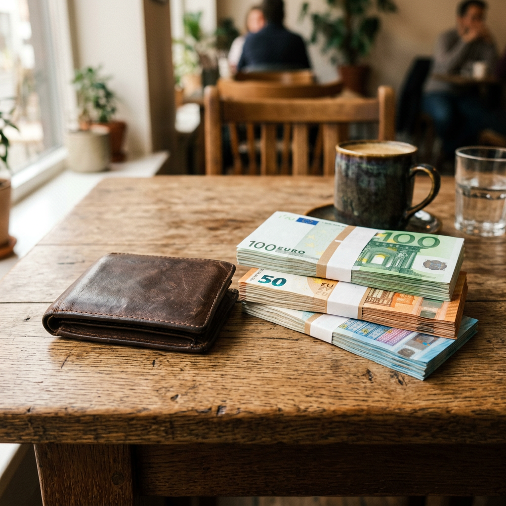 Bundles of 100, 50, and 20 euro banknotes with a brown leather wallet on wooden table