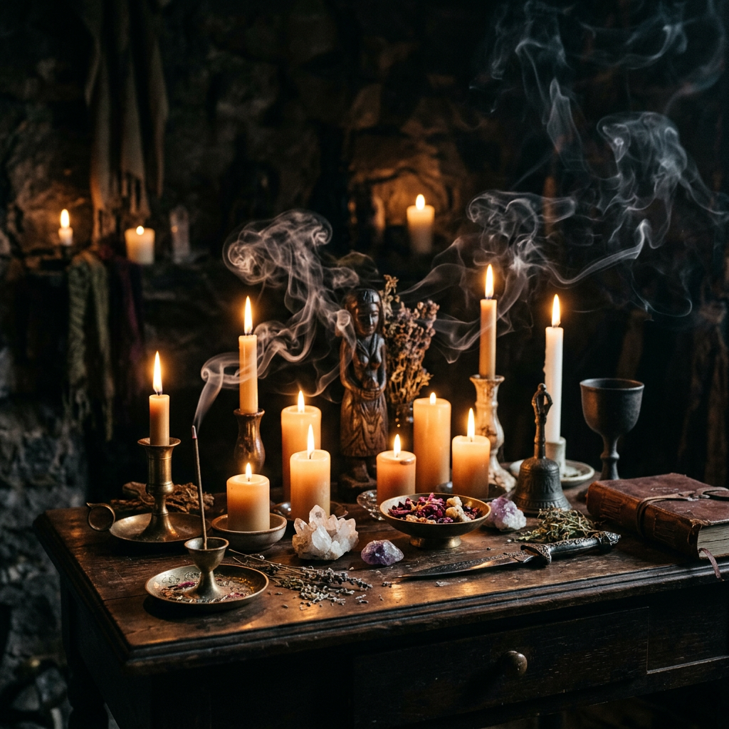 An altar with multiple burning candles, smoking incense, crystals, a statue, dried herbs, a dagger, a book, a bell, and a goblet on a wooden table.