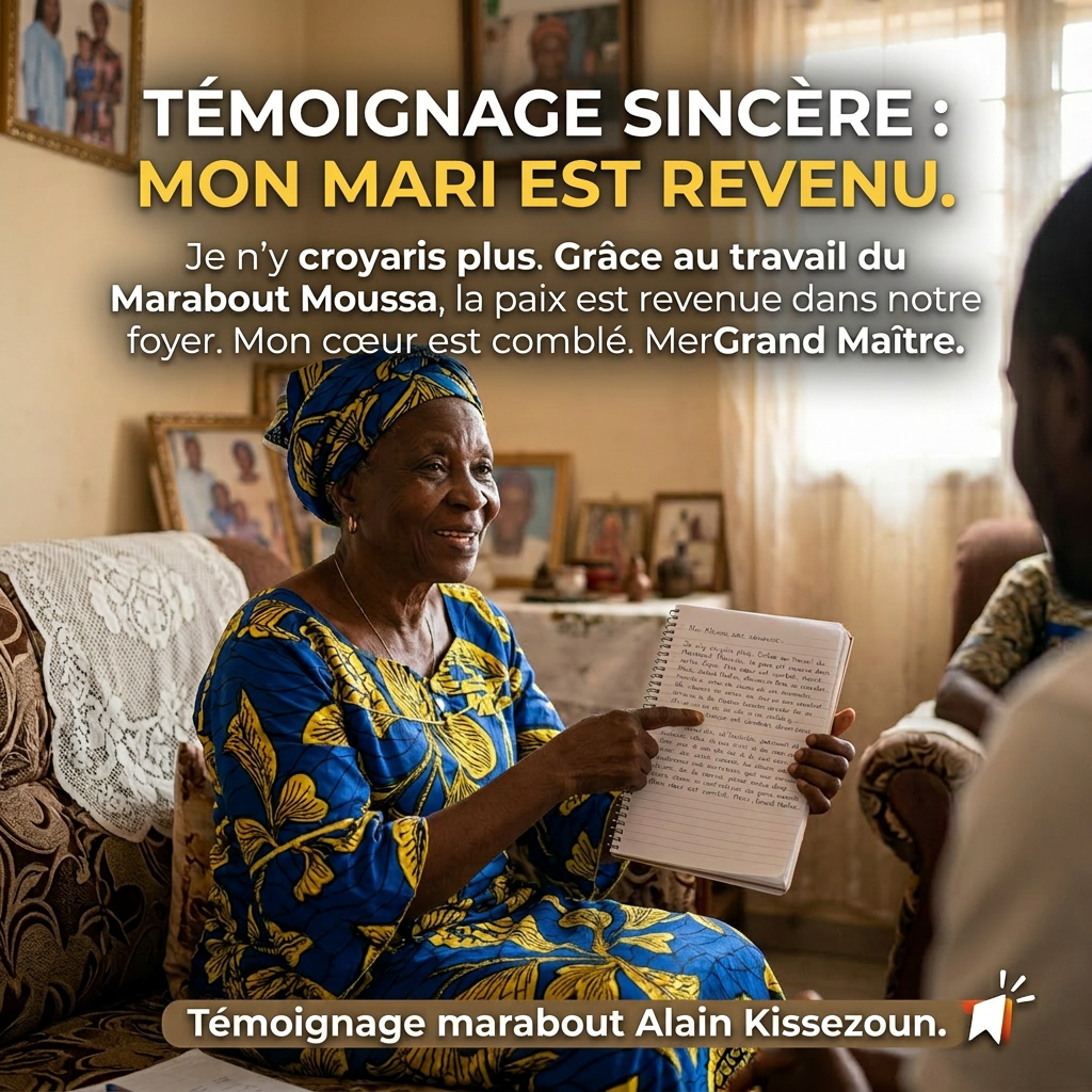 Elderly woman in traditional clothing showing written testimony about husband's return