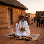 Elderly man in white robes holding a ritual bowl during a traditional ceremony outdoors