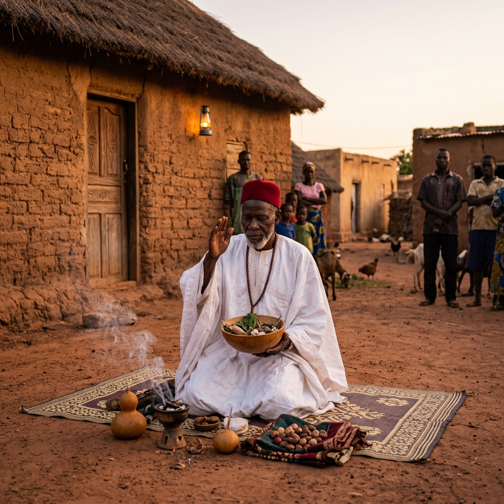 Elderly man in white robes holding a ritual bowl during a traditional ceremony outdoors