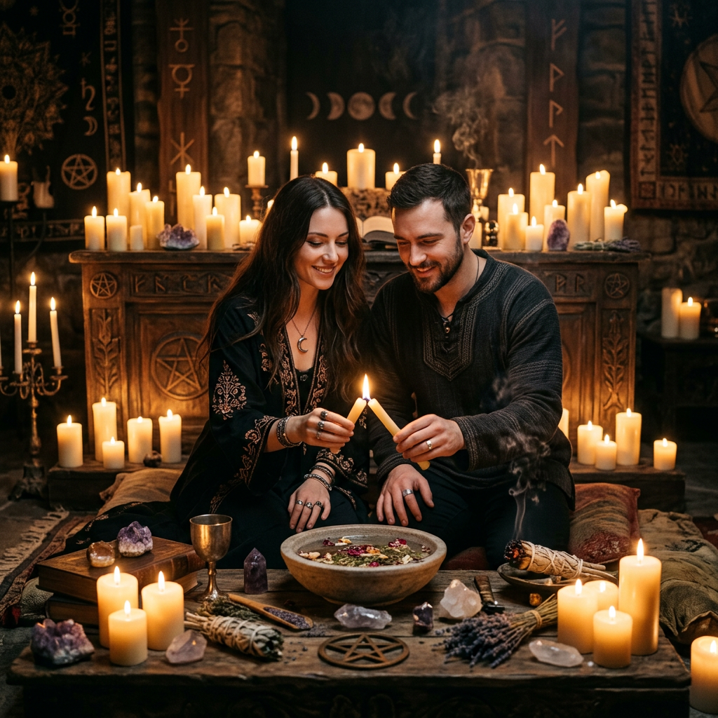 Comment récupérer son ex en 72h, médium voyant Alain Couple lighting candles surrounded by numerous candles, crystals, and ritual items