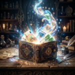 A glowing wallet labeled 'Portefeuille Magique' with euro banknotes and magical symbols emerging