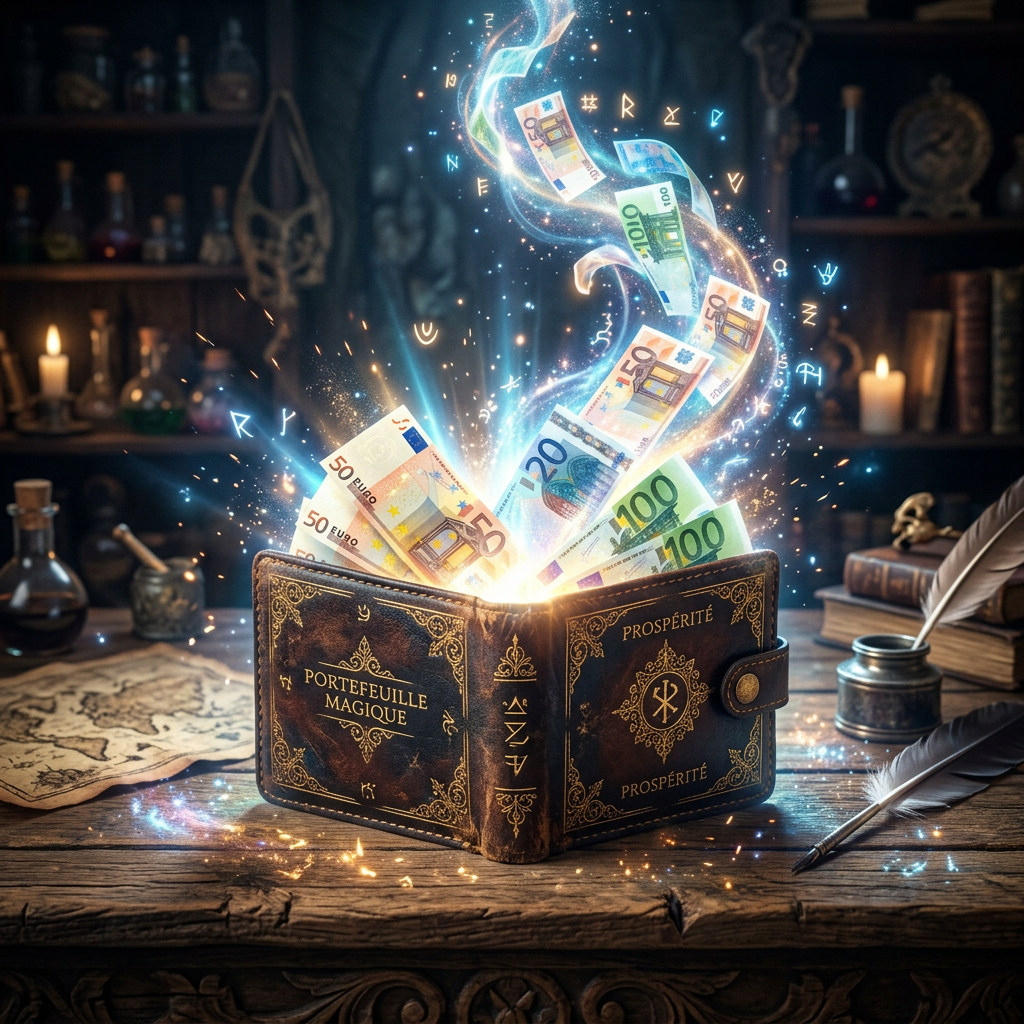 A glowing wallet labeled 'Portefeuille Magique' with euro banknotes and magical symbols emerging